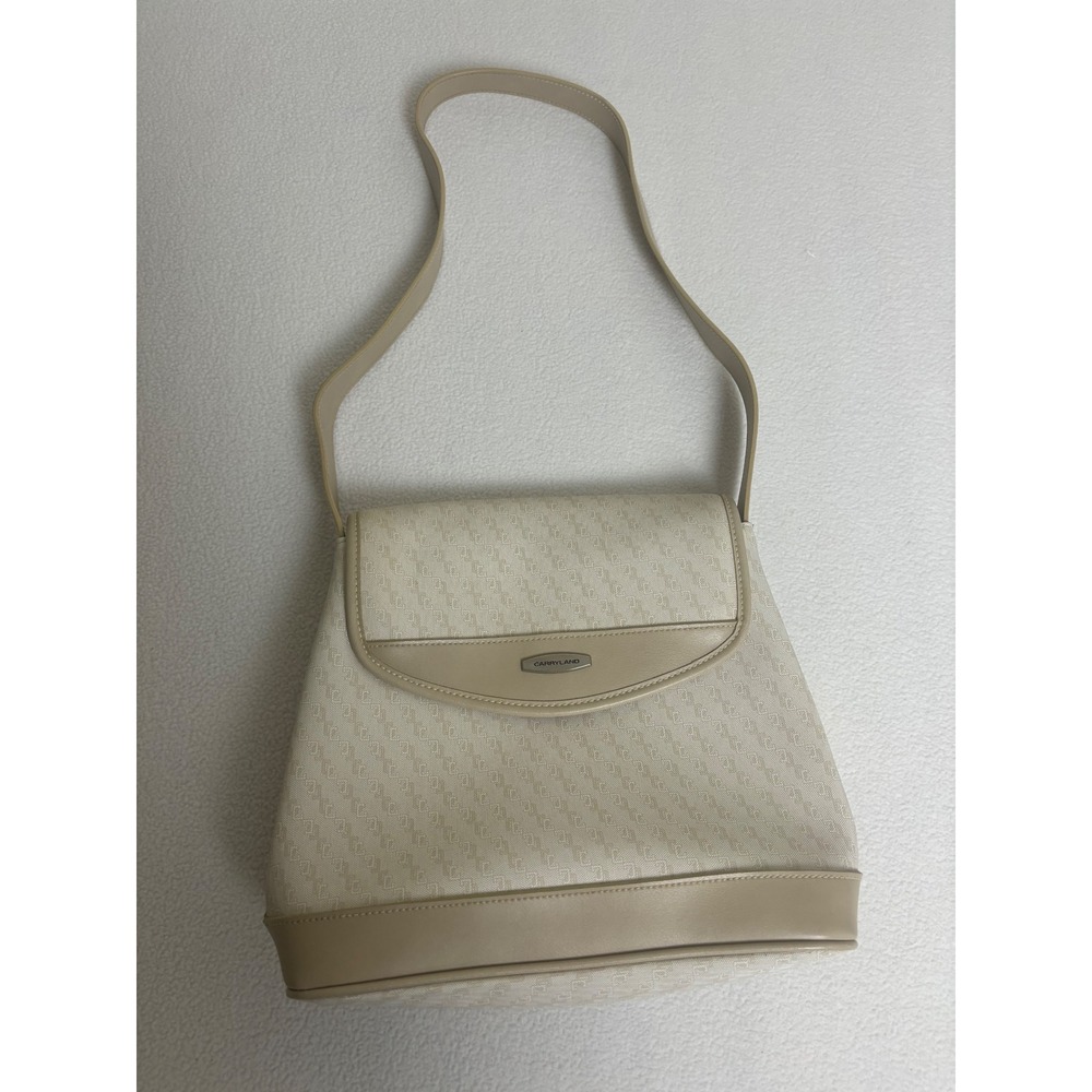 Carryland‎ Beige Monogram Flap Shoulder Bag Cream Faux Leather Trim Handbag